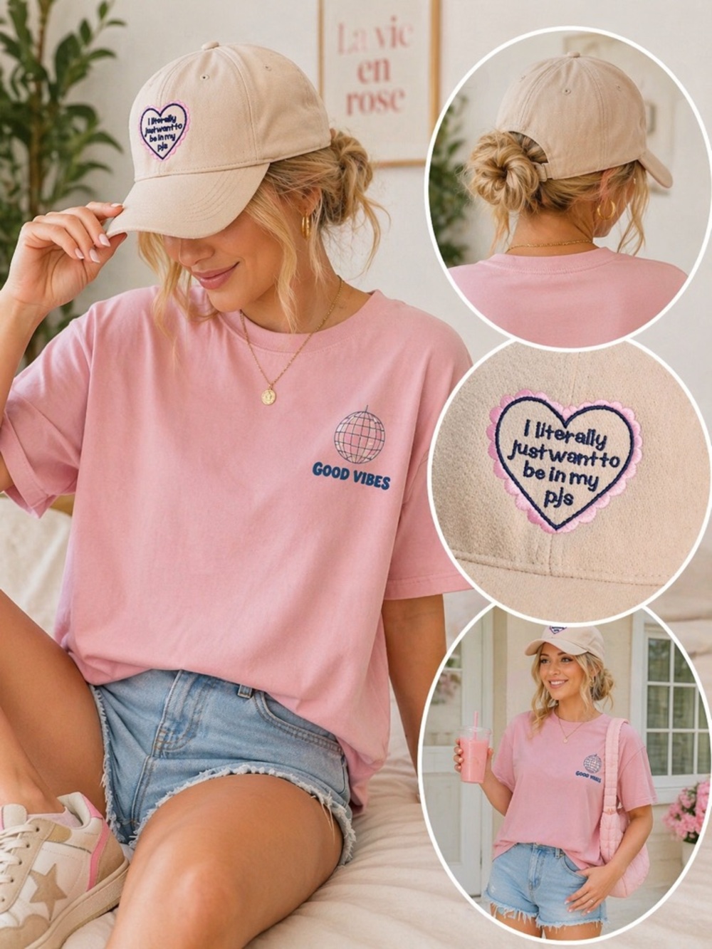 027 NWT Pink Lily Beige Heart Patch Baseball Cap with Pink Trim